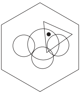 To which hexagon can a dot be added so that both dots then meet the same conditions as the two dots in the hexagon below?
