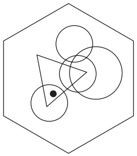 To which hexagon can a dot be added so that both dots then meet the same conditions as the two dots in the hexagon below?